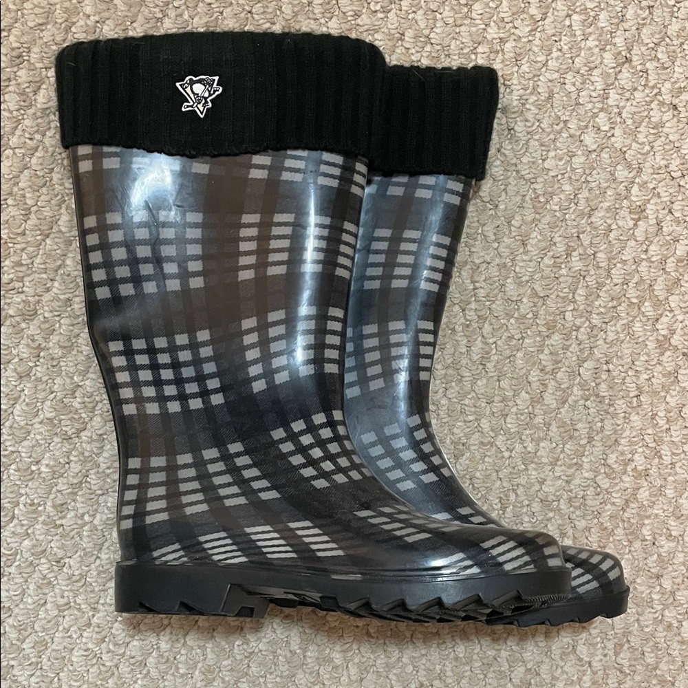 Penguins Rain Boots, Black Plaid with Fabric Cuff